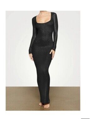 SKIMS Black Glitter Long Sleeve Scoop-Neck Bodycon Maxi Dress